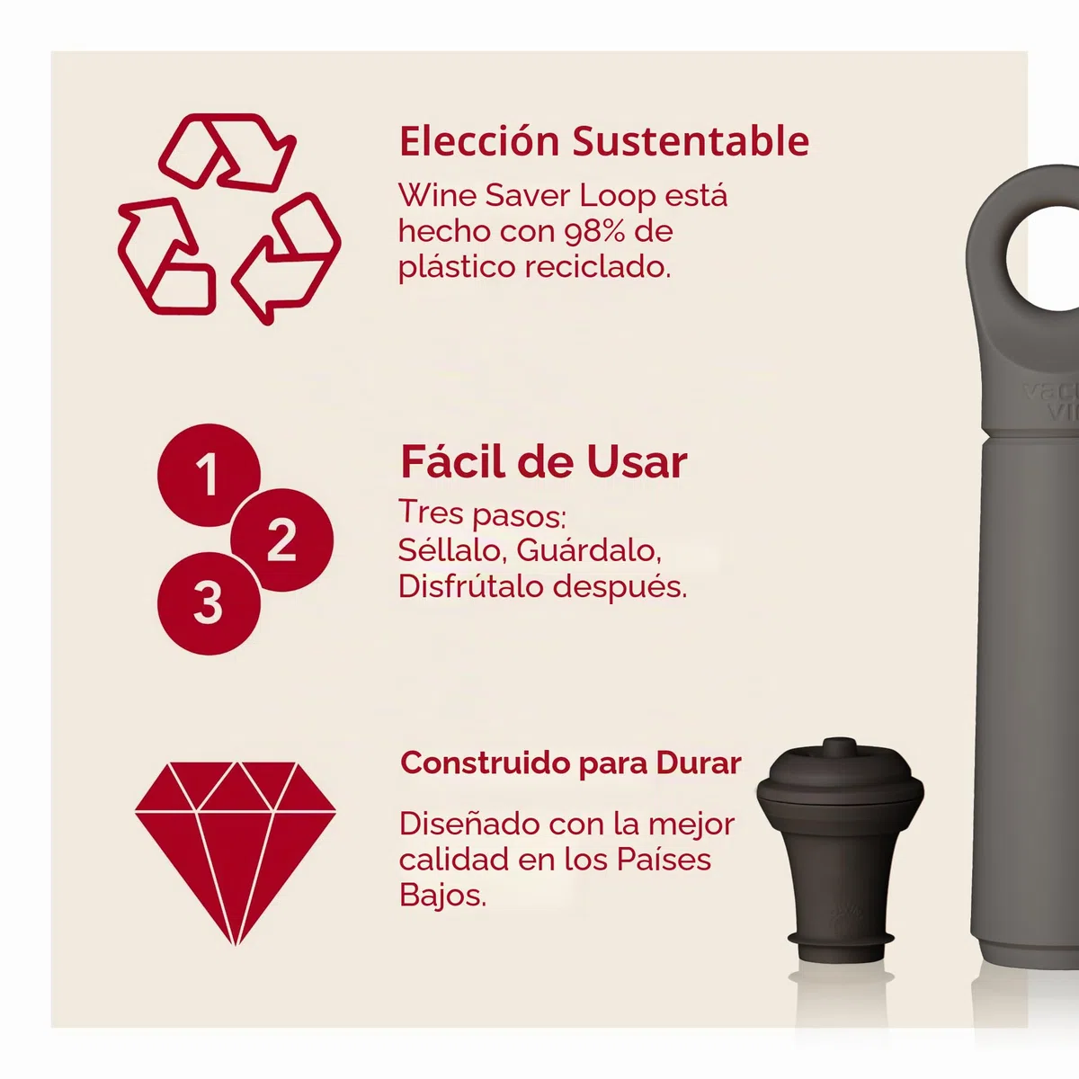Bomba de Vacío Para Vino Vacu Vin Wine Saver Loop - Diseñada y Fabricada en Los Países Bajos - Conserva el Vino Fresco Hasta 10 Días - Reutilizable - 1 Bomba de Vacío, 1 Tapón de Vacío, Grafito