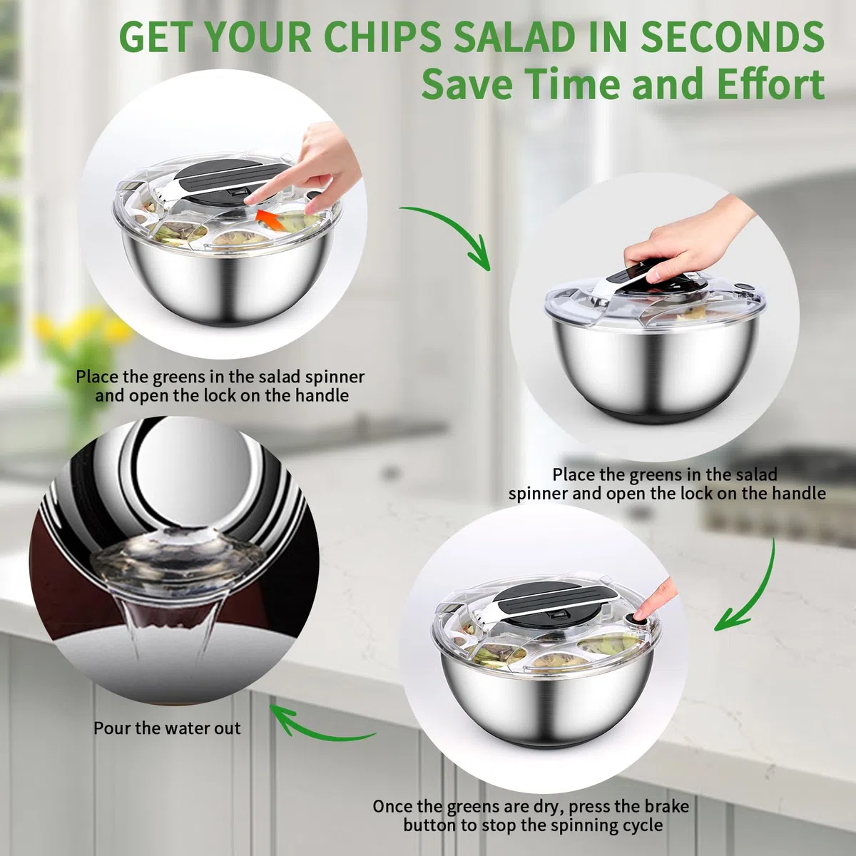 Centrifugador de Ensalada de Acero Inoxidable 4,5L Escurridor Ensalada Escurridor Lechuga Grande Centrifugadora De Verduras con base de Silicona Antideslizante para Lavar Frutas Centrifugar Pastas