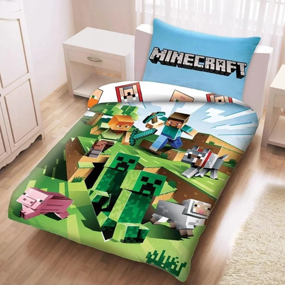 Minecraft Cactus Run Funda Nórdica Cama 90 140x200 + Funda Almohada 70x90 | Ropa de cama reversible | Algodón natural transpirable | Licencia Minecraft | Niños | Regalo | Lavable a máquina
