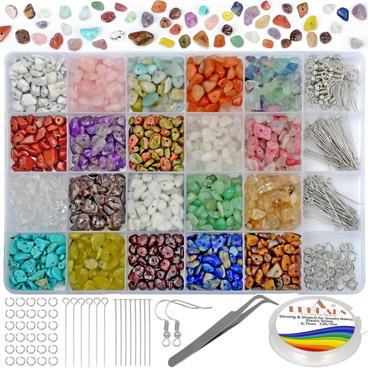LPBeads Kit de fabricación de joyas, 1200 cuentas de cristal natural en 20 colores de piedras preciosas, anillos de salto, ganchos para aretes, pines, cuerda elástica para pulseras para niñas y