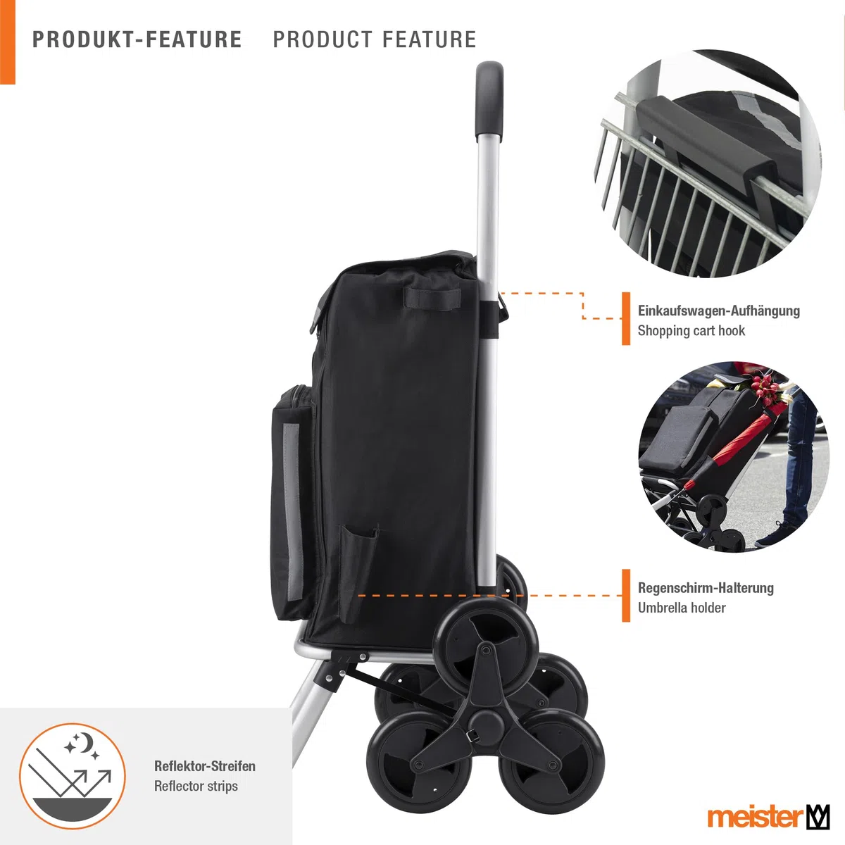 Meister - Carrito de la compra, 54 L, con compartimento refrigerador, bolsa extraíble y resistente a la lluvia, colgador para el carro de la compra, carrito plegable, 6816810