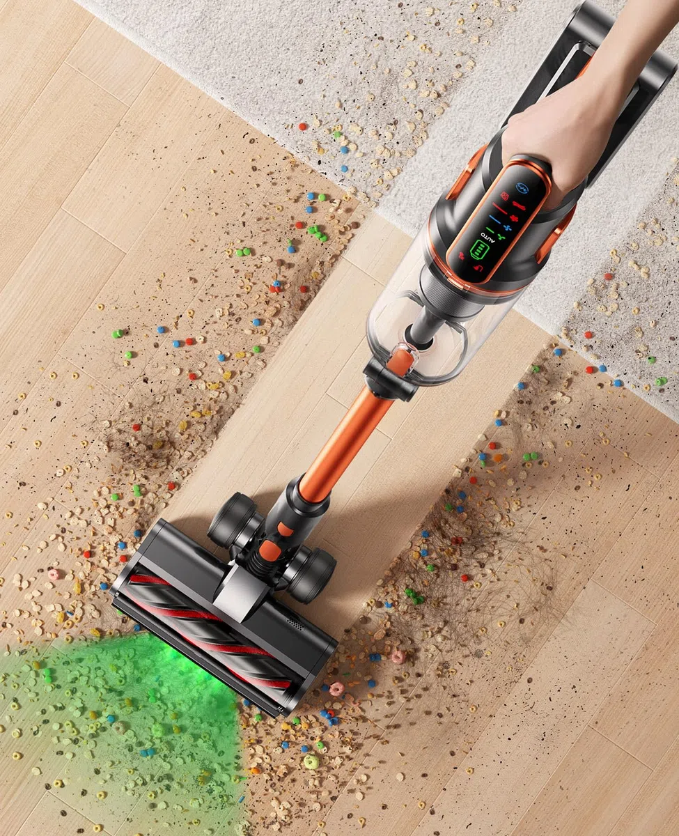 Fieety Aspiradora sin Cable 50KPa/650W/70Min(ECO), Aspiradora Escoba Potente con Brazo Flexible, Manguera 1M, Cepillo Anti-Enredo con Luz, Modo Auto, Aromática, Carga Pared, para Suelos/Alfombras/Pelo