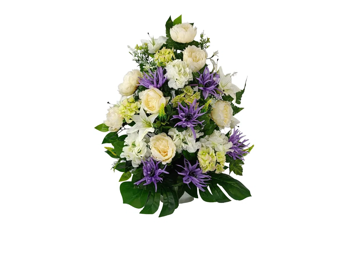 DRW Centro de Flores Artificiales para Cementerio Iglesias Bodas Centro de Flores para los Santos Beige Morado y Blanco 75x55 cm