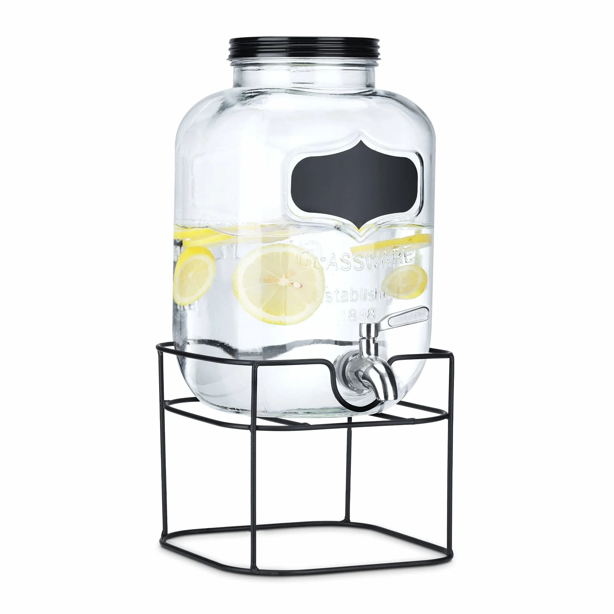Navaris Dispensador de Bebidas con Grifo - Recipiente de Vidrio de 5 L - Botella de Cristal con Base metálica - Garrafa de Cristal con dosificador