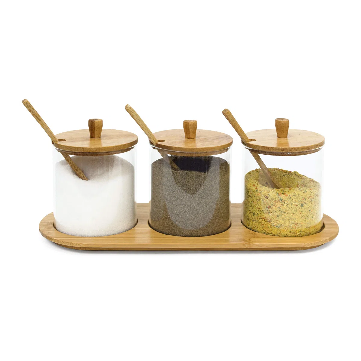 Relaxdays - Bandeja y contenedores para Especias Jiao, 12 x 31 x 12 cm, bambú y Vidrio, cucharas Tapas, Estilo Asiatico