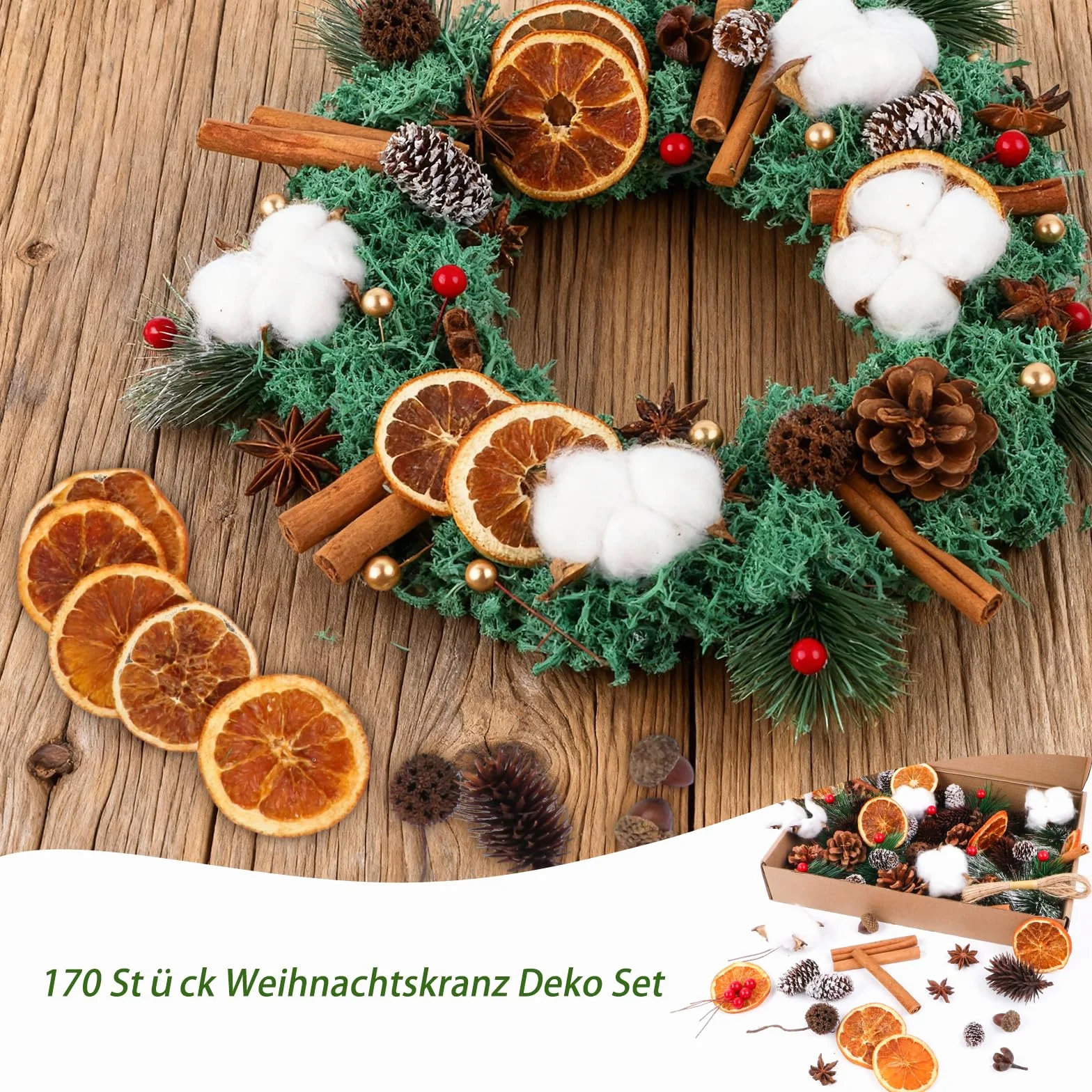 Set de decoración para corona de Navidad de 170 piezas – Accesorios para corona de Adviento con algodón, rodajas de naranja secas, tallos de canela, estrella anisada, nueces, piñas, bayas