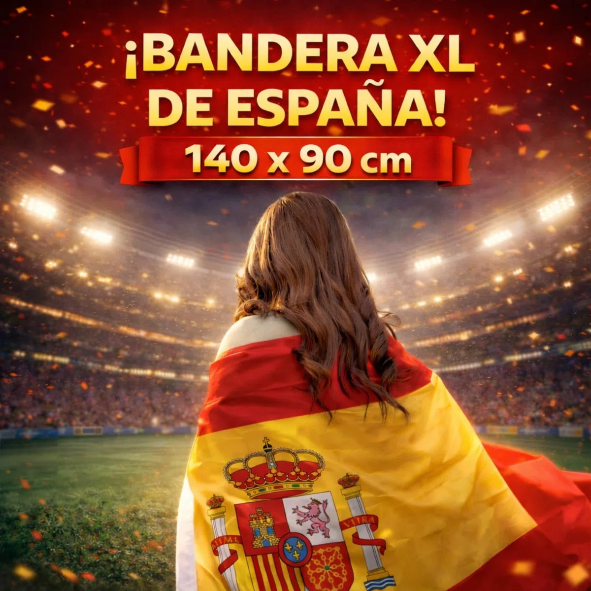 Bandera España 140x90 cm, Guirnalda 4 m, Bandera de Mano y Pintacaras, Accesorios Afición Pack España Completo