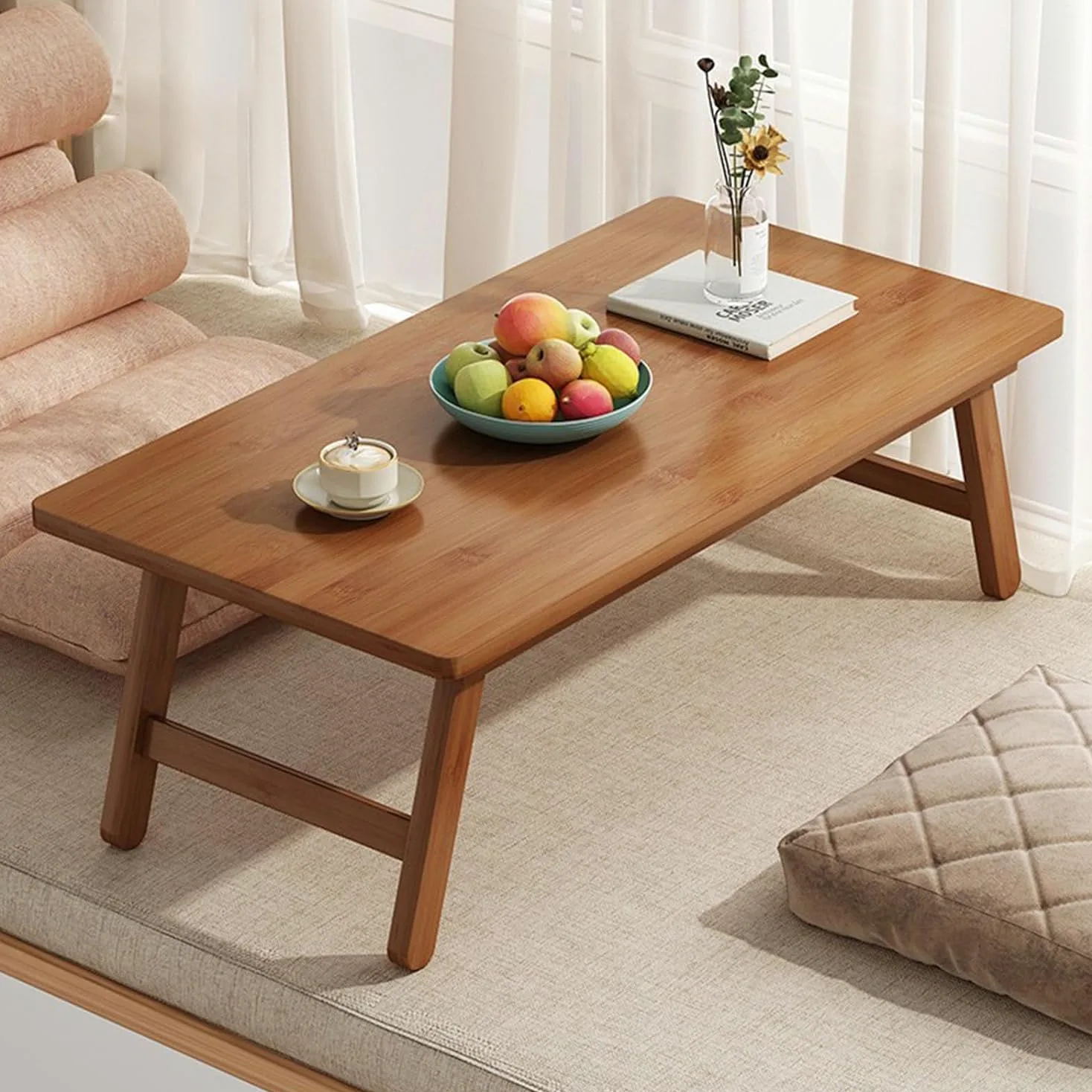 Mesa de Tatami Rectangular Plegable de Bambú, Centro Japonesa Pequeña, Baja Portátil Multifuncional para Salón, Sala de Estar, Balcón, 57 x 34.3 x 22.3cm