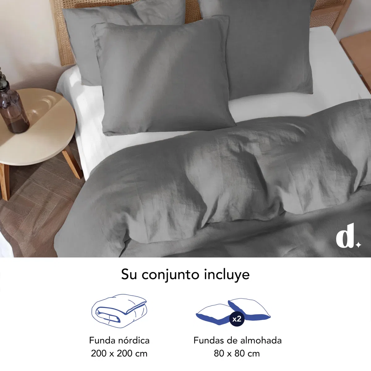 Dreamzie Funda Nordica Cama 180 de Algodon Percal – Antracita – Ropa de Cama 200x200, 1 Funda Nórdica + 2 Fundas de Almohada 80x80 – 3 Piezas
