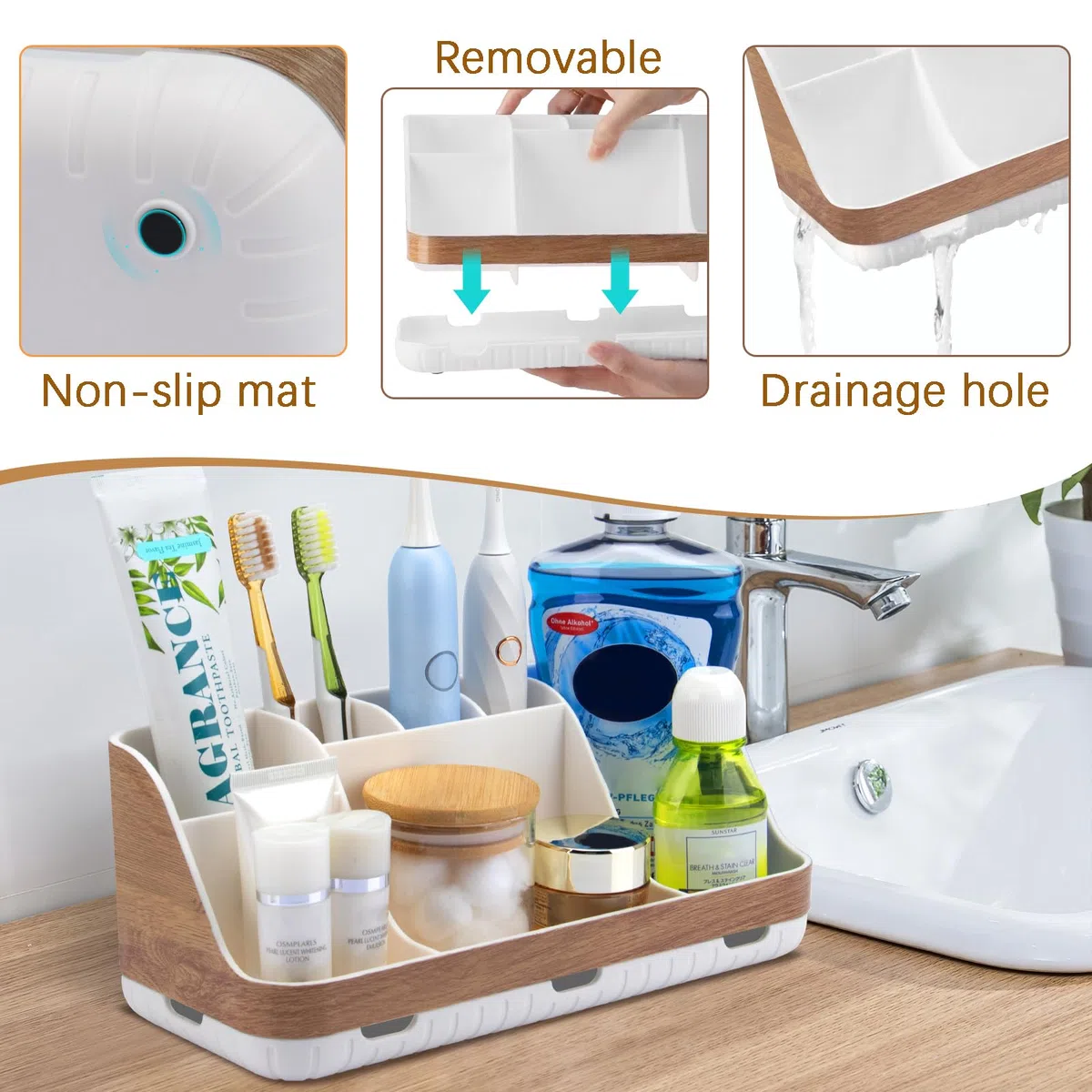 GFWARE Organizador de encimera de baño, 7 ranuras desmontables, cepillo de dientes eléctrico y pasta de dientes, drenaje para accesorios de baño, organización, mostrador, almacenamiento de fregadero,