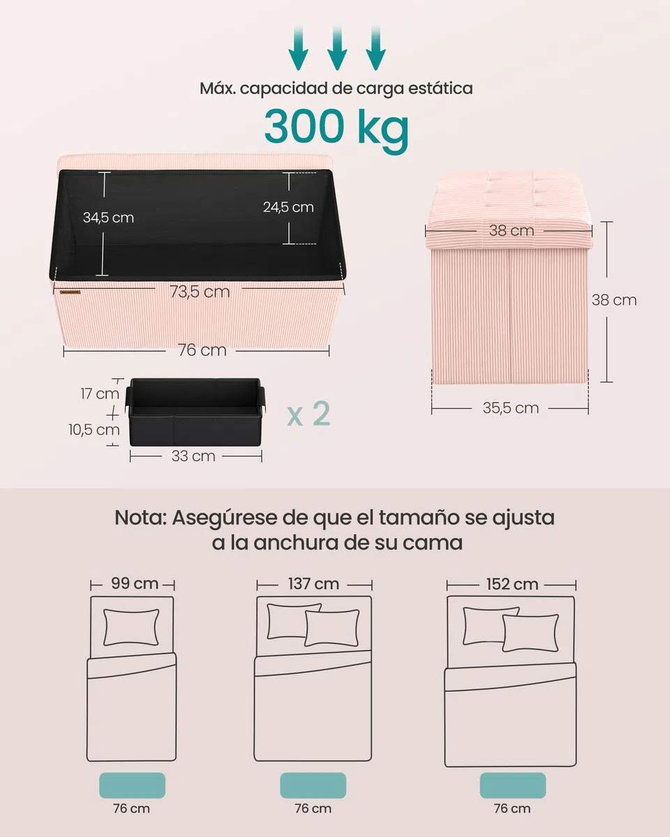 SONGMICS Puff Almacenaje, Baúl de Almacenaje Plegable, 38 x 76 x 38 cm, Taburete Reposapiés, Banco de Cama, Soporta hasta 300 kg, para Sala de Estar, Dormitorio, Entrada, Rosa Jalea LSF603R01
