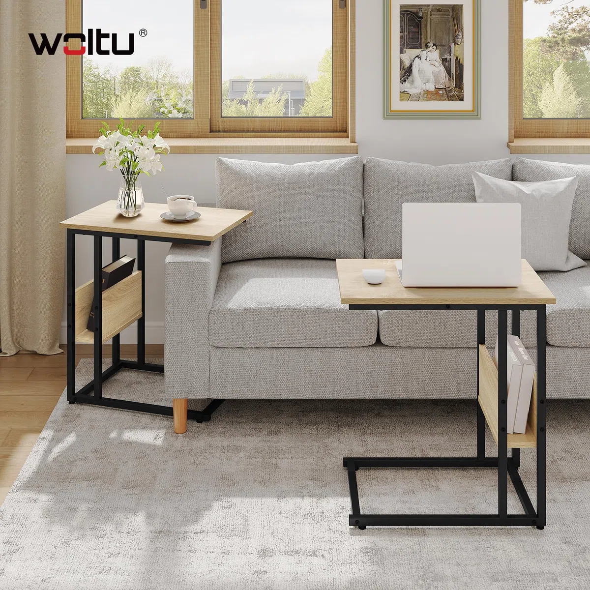 WOLTU Mesa Auxiliar de Centro Mesita de Noche Portátil, Marco de Metal y Madera, Roble 55x36x59,5cm(BxTxH) TS79hei