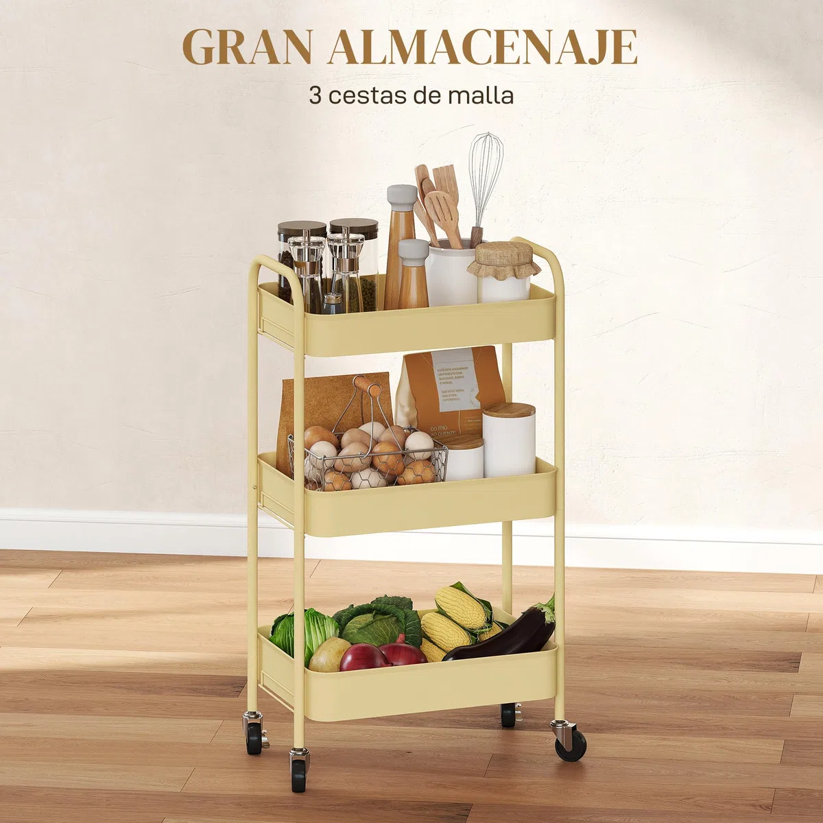HOMCOM Carrito Auxiliar con Ruedas de 3 Niveles, Carrito de Cocina con 3 Cestas y 2 Asas, para Baño, Dormitorio, Oficina, 45x30,6x79 cm, Amarillo