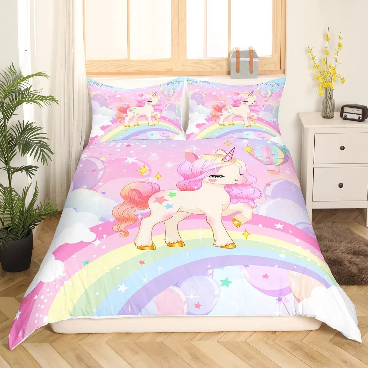 Loussiesd Juego de cama para niñas, diseño kawaii de unicornio y arcoíris, funda nórdica de dibujos animados, galaxia, estrellas, animales, 2 fundas de almohada, tamaño doble
