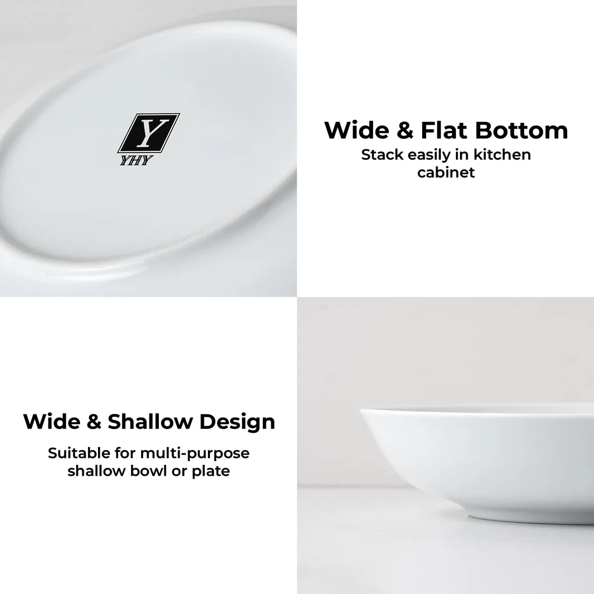 Y YHY Cuencos de Pasta Set de 6, 23,6 x 4,8 cm Plato Hondo Sopa de Porcelana, Fuente Ensaladera Grande, Platos Llanos, Cuencos Cocina Apto para Lavavajillas, Microondas y Horno-1180 ml, Blanco