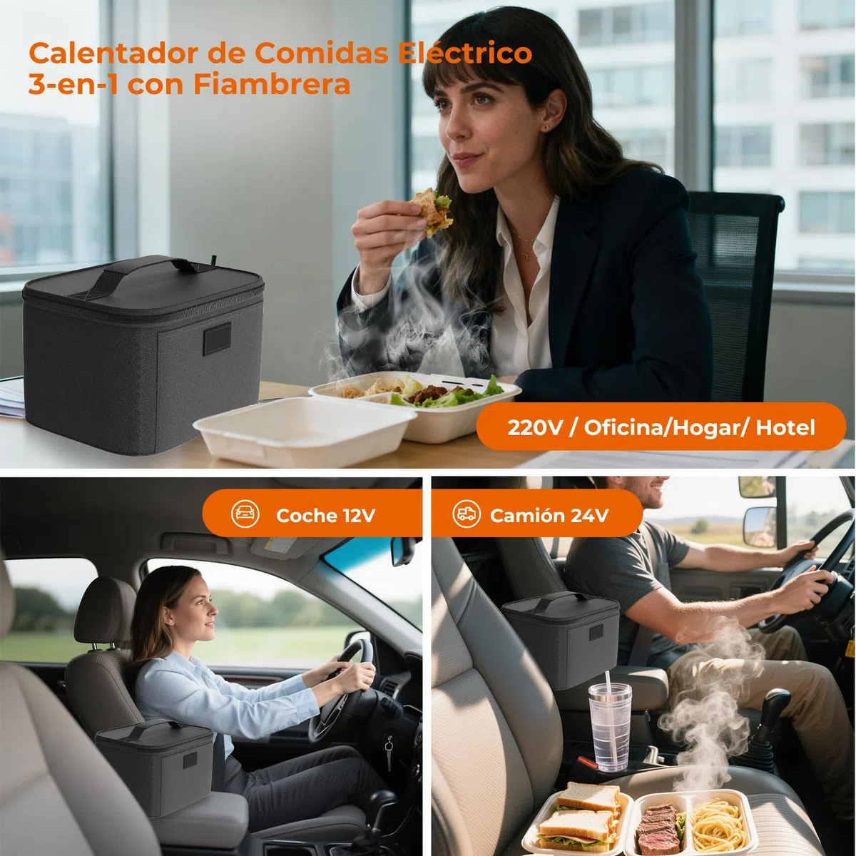 Fiambrera Eléctrica de 80 W - 3 en 1 Gran Comida Térmico con Bolsa, Calentador de Comidas Pequeño, 12V/24V/220V para Coche, Camión, Oficina y Viajes, Negro