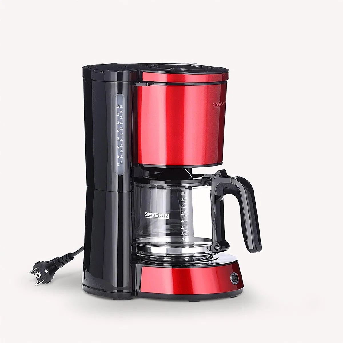 SEVERIN - Cafetera de goteo para 10 tazas, Cafetera de filtro / Cafetera americana con jarra de cristal, Con placa calefactora y desconexión automática, Negro / Rojo, KA 4817