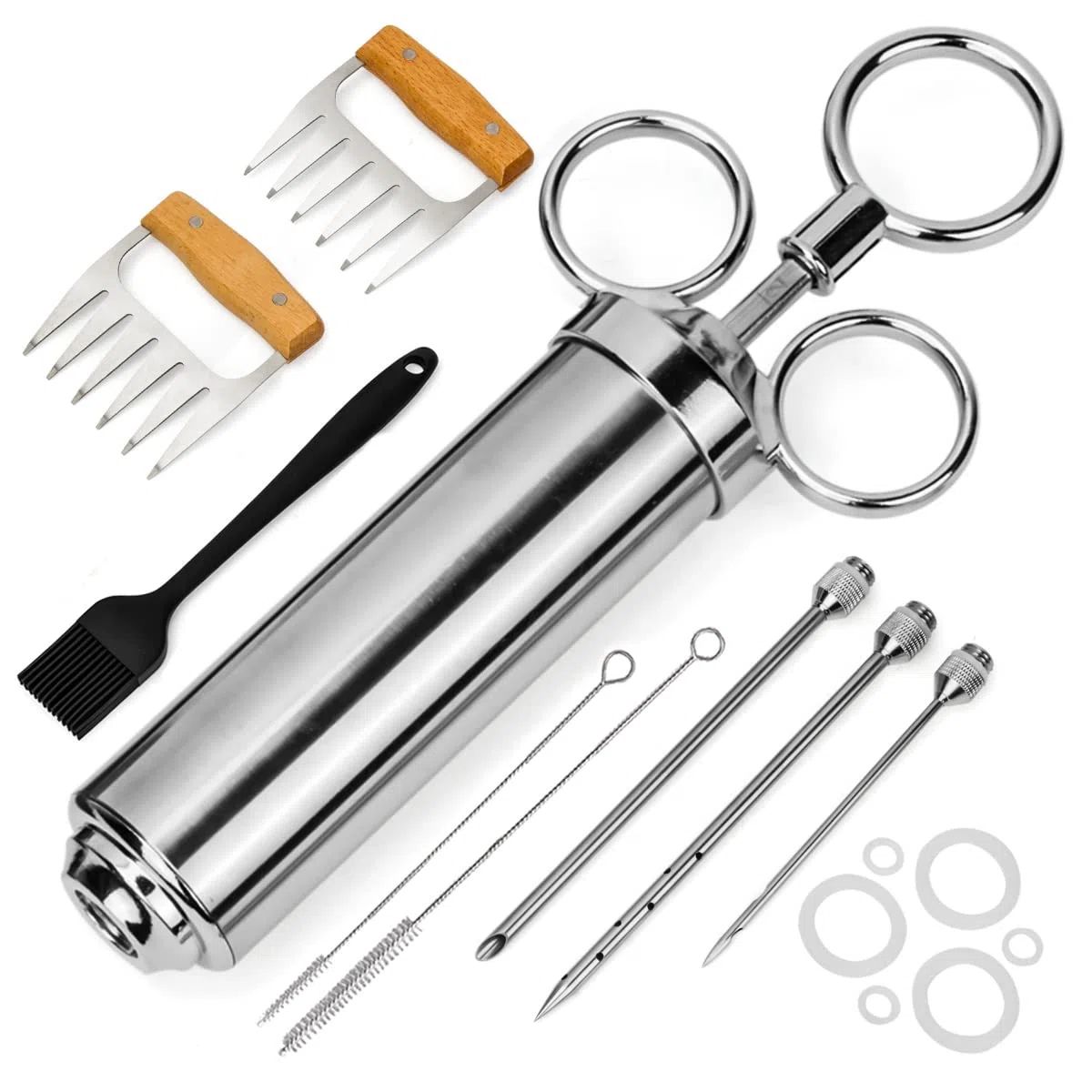 Jeringa de Cocina para Marinar Inyector de Salsas 60ml Inyector de Condimento Acero Inoxidable+3 Agujas +2 Separador de Carne +1 Cepillo, Jeringa para Rellenar Carne Inyector Salsas Asados Pavo Res