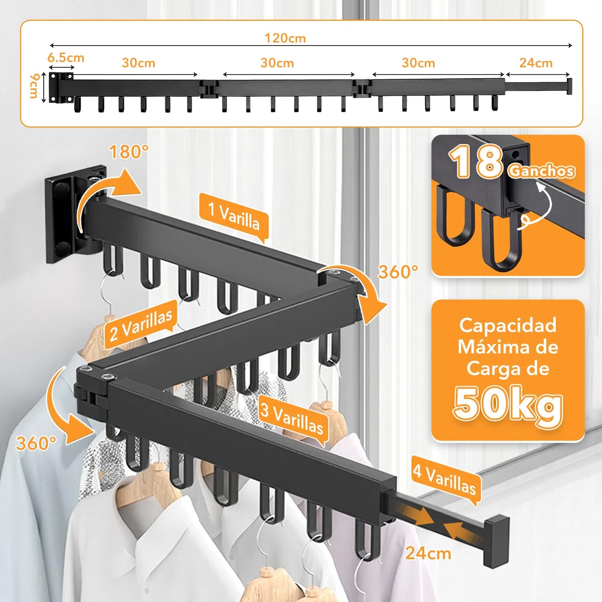 CarBole Tendedero de Ropa Montado en Pared,Retráctil Plegable de 3 Pliegues con 18 Ganchos,Ahorra Espacio,Aluminio Duradero para Balcón,Baño y Dormitorio
