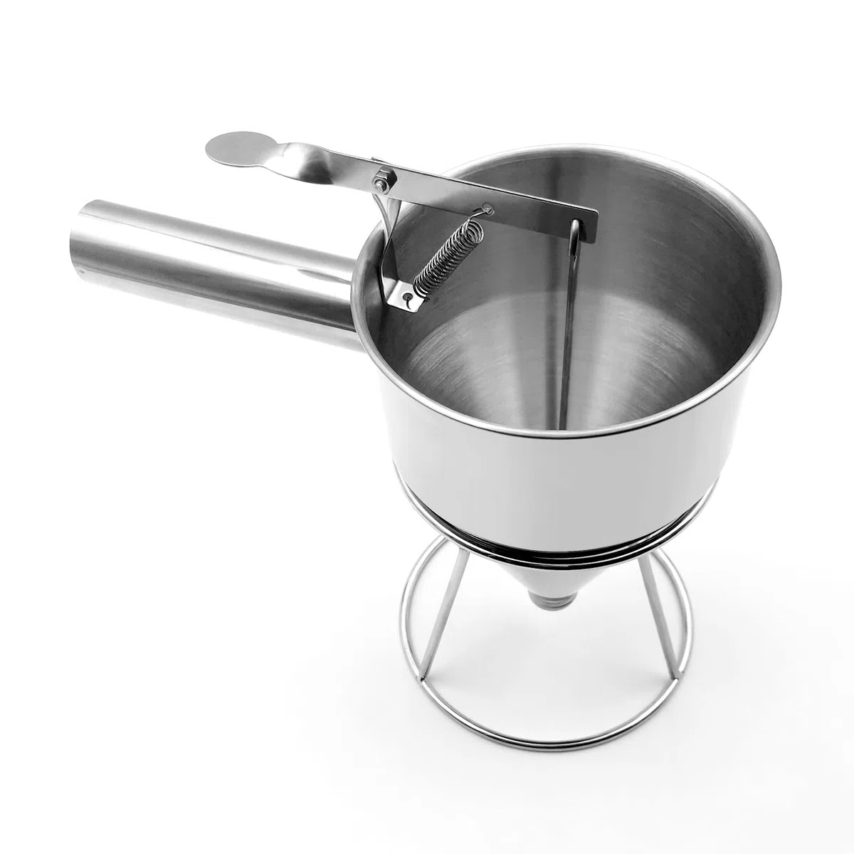 Dispensador de masa de panqueques de acero inoxidable, dispensador de pasteles de embudo de 0.6 L con soporte, herramienta de horneado resistente para cupcakes, gofres y pasteles