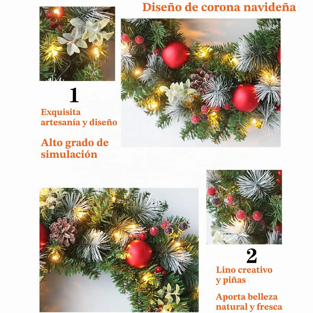 Guirnalda navideña de 40 cm, decoración para puerta de entrada, con luces LED y gancho, guirnaldas artificiales para ventana, chimenea, decoración navideña de pared, para interior y exterior,