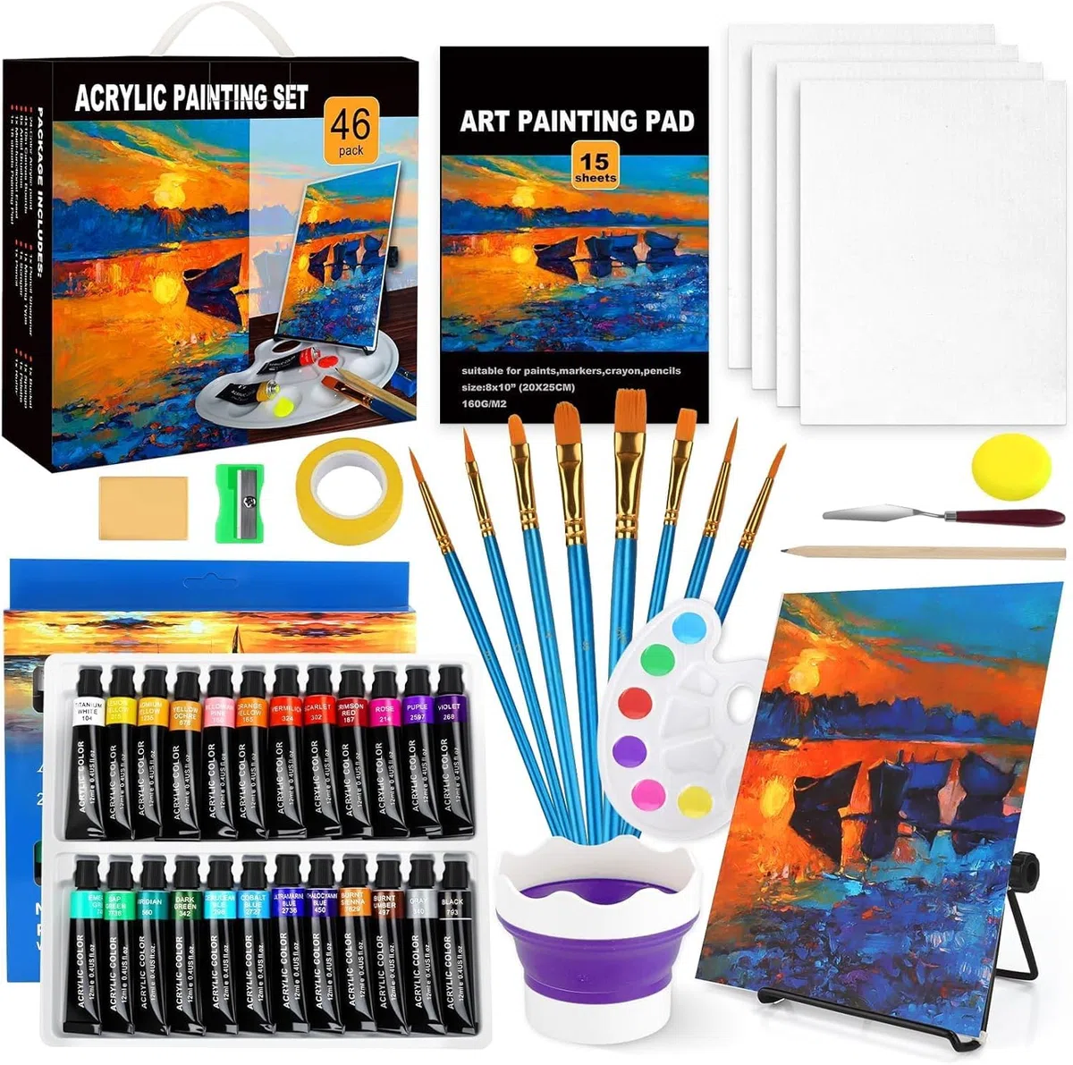 Kit de Pintura,Set Pinturas Acrílicas,Paquete de Suministros de Pintura Profesional,Kit Avanzado con Pinceles,Lienzo,Paleta,Espátula & Accesorios,Completo Adultos Niños Principiantes Arte