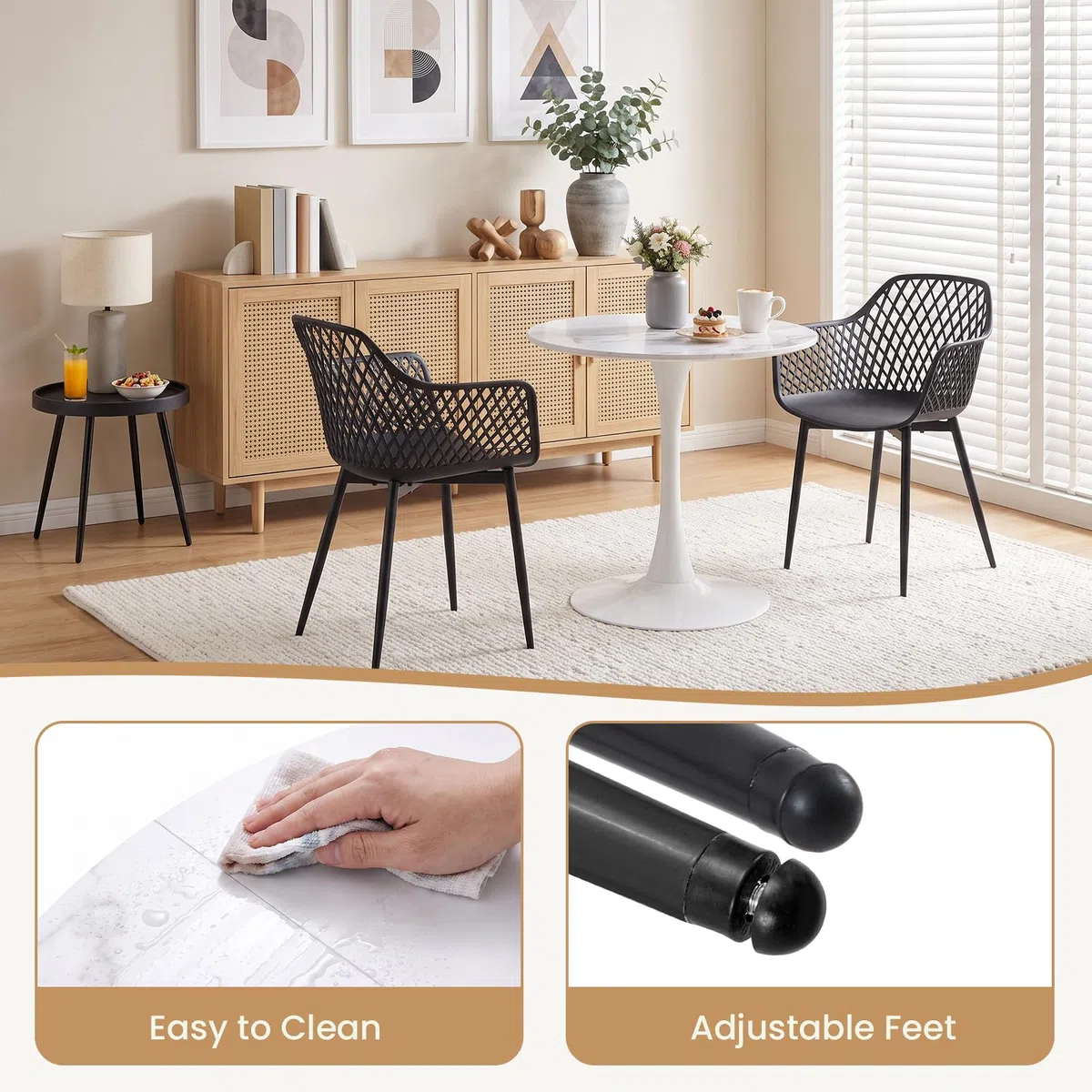 Mesa de restaurante con 2 sillas, pequeña mesa de comedor con 2 sillas | Juego de mesa y sillas para comedor, 2 sillones negros + 1 mesa de café + 1 mesa de mármol - 80 cm