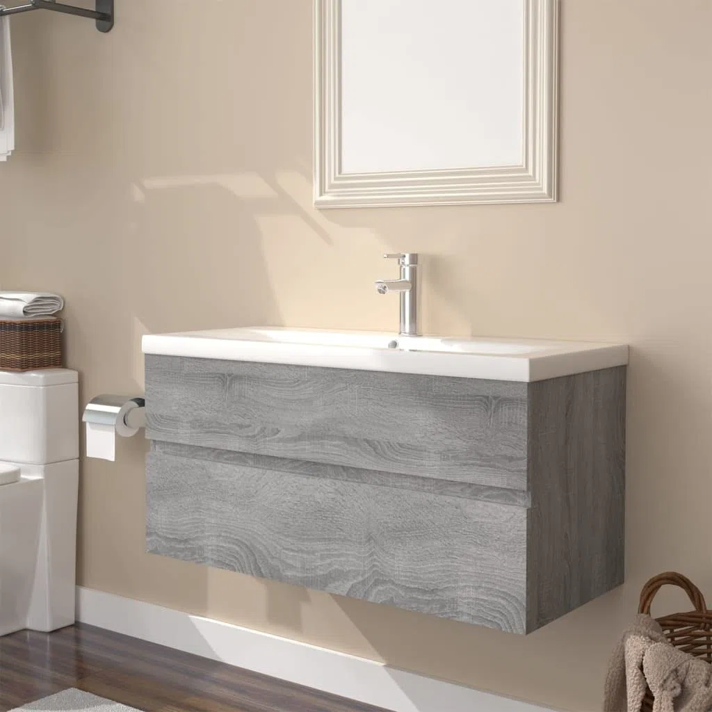 Armario de lavabo con lavabo empotrado, color gris, material de madera Sonoma, 90 x 38,5 x 45 cm, mueble de baño con cajón y espacio de almacenamiento, para colgar en la pared para inodoro