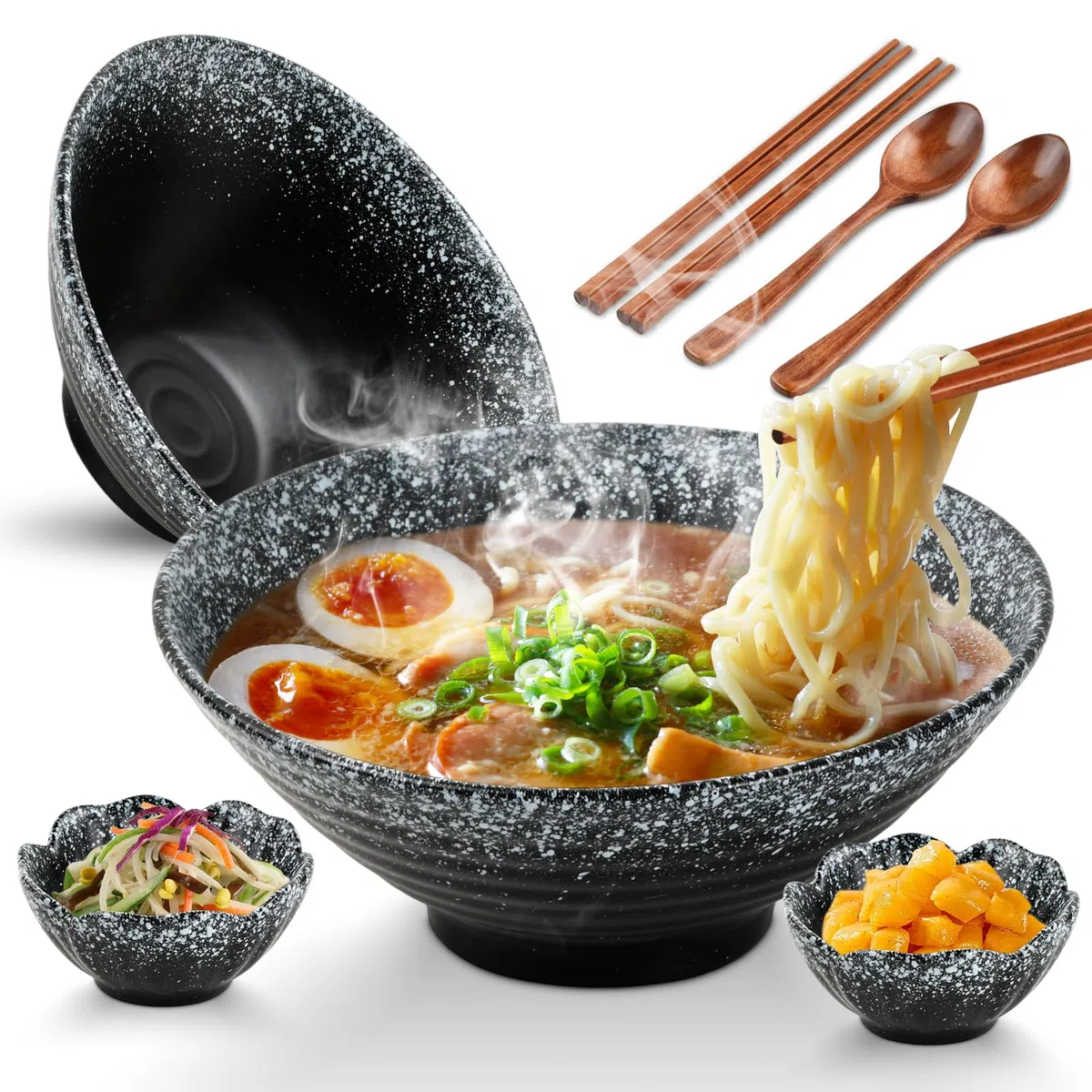 Juego Japonés de Vajilla, 2 Juegos Ramen Bowl de Cerámica,con Palillos, Cucharas y Condimento Plato, Tazones de Sopa de Fideos Japoneses, para Fideos, Ensalada de Frutas, Verduras