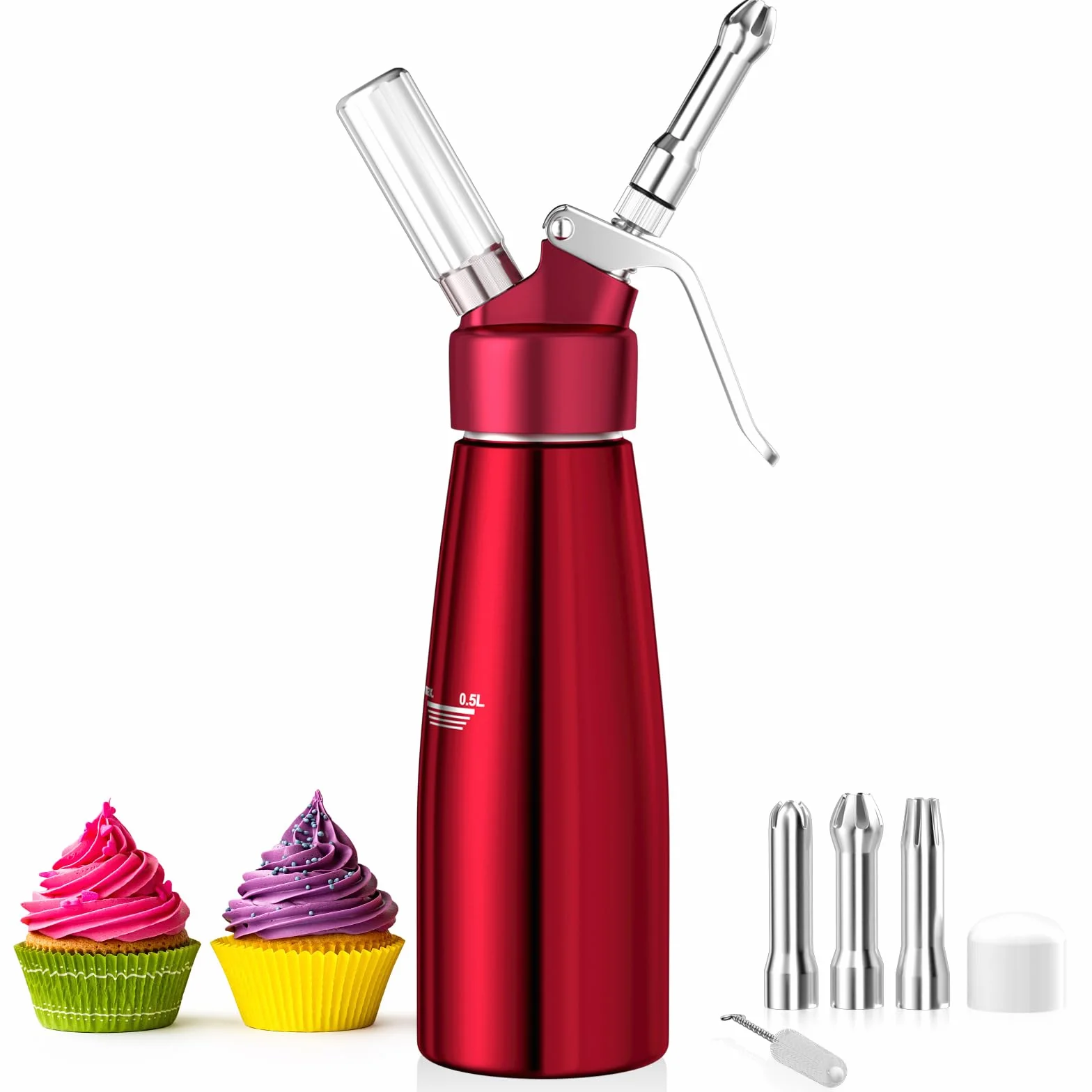 Newaner 500 ml sifón de Cocina espumas, sifon de Nata Aluminio con 3 boquillas Acero Inoxidable y 1 Cepillo, dispensador de Crema para Decorar Pasteles de cumpleaños, pastelería, Helados y postres