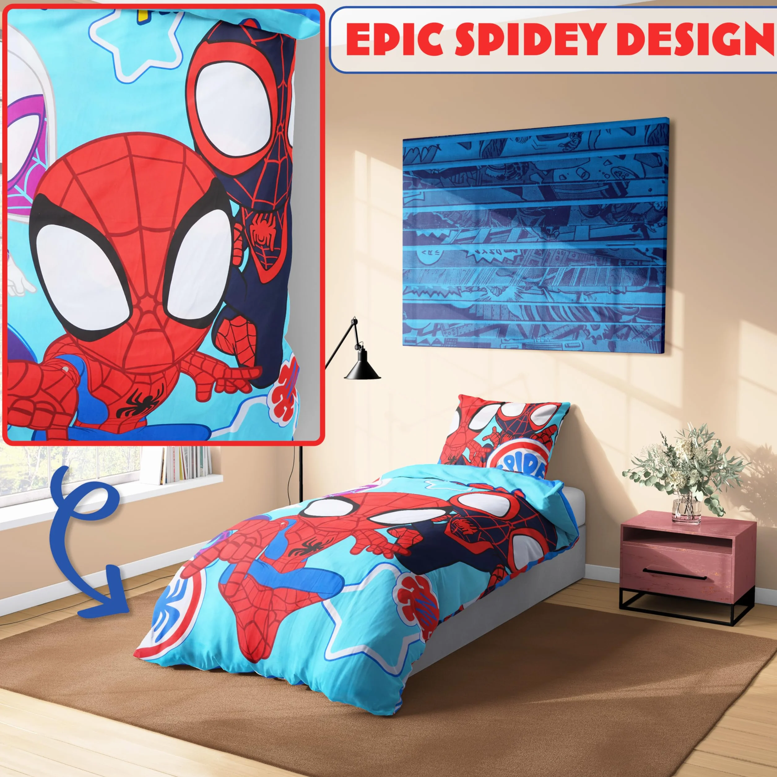 Marvel Spiderman Juegos de Fundas Nórdicas, Pack con Funda Edredón Niño y Almohadas - Talla Única (Azul Spidey)