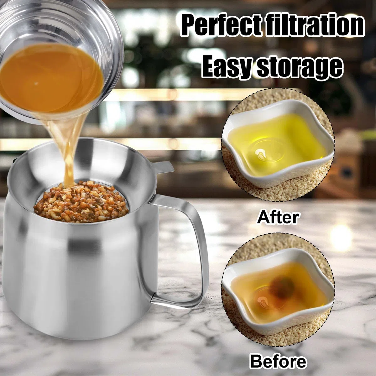 1.5L Recipiente Filtro Aceite, Versátil de Gran Capacidad Recipiente Aceite con Colador con Tapa de Colador y Cesta para Freír Oil Filter Pot para Cocina Camping Almacenar Alimentos con Grasa
