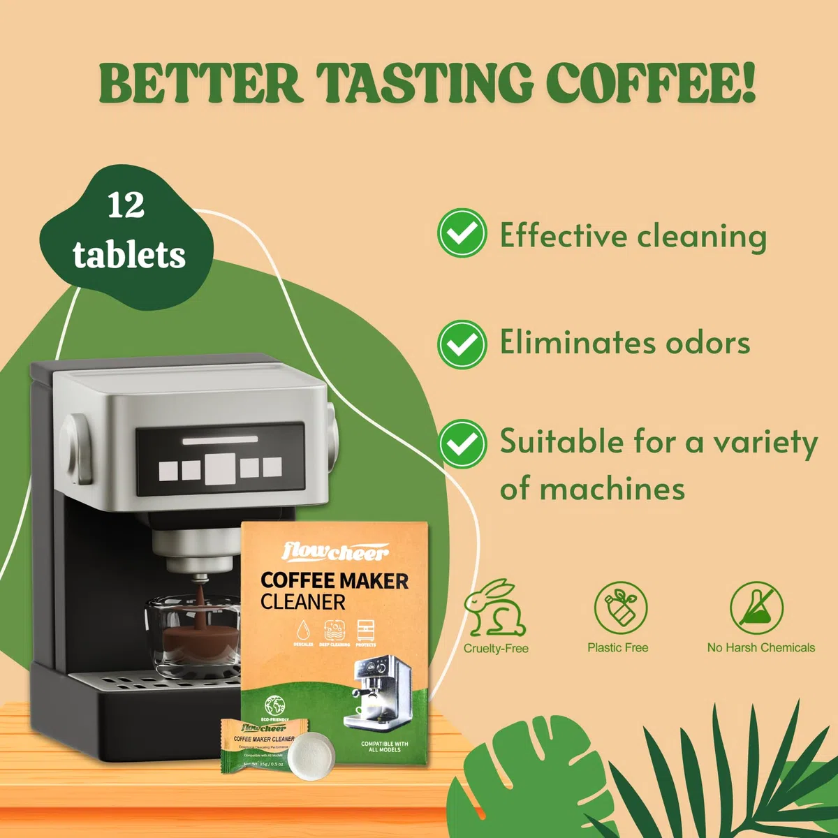 flowcheer Paquete de 12 pastillas limpiadoras y descalcificadoras para cafeteras Keurig, Nespresso, Jura, Breville, Ninja, limpiador de cafeteras de limpieza profunda y descalcificador para todas las