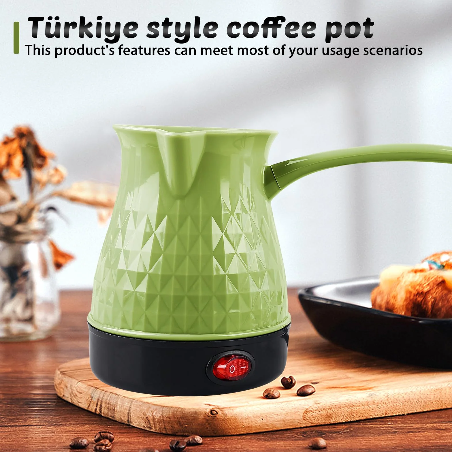 BORDEAG Cafetera Eléctrica Turca, 500 ml Verde, Acero Inoxidable, Ideal para Hogar y Oficina