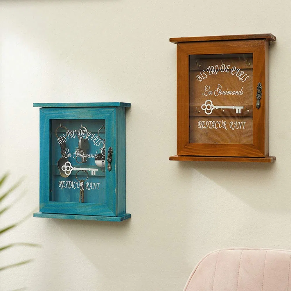 Pssopp Caja Porta Llaves de Madera para Montaje en Pared, Gabinete Organizador, Azul