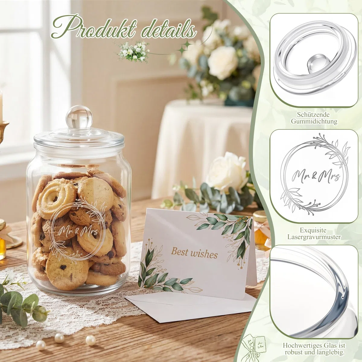 Tarro para Galletas de Cristal Grabado Mr & Mrs Tarjeta de Felicitación para Boda Regalo para Recién Casados 1 Litro Tarro de Almacenamiento con Tapa Regalo para Parejas en Aniversario Boda