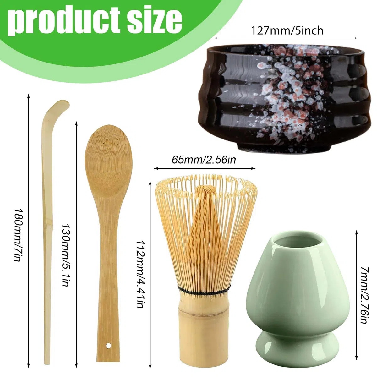 BAIFULAI Juego de 5 Matcha, juego de té matcha, juego de batidores Matcha, cuenco de cerámica, cucharilla, soporte para batidor, accesorio japonés para ceremonia matcha