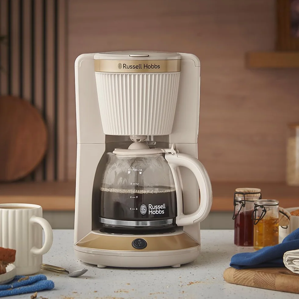 Russell Hobbs Cafetera de Goteo [1,25L, 1100W] Brontë Stone (Jarra de vidrio, 10-15 tazas, WhirlTech, Mantiene calor, Cuchara, Pausa para servir, Nivel agua, Luz indicadora, Gris piedra) 26781-56