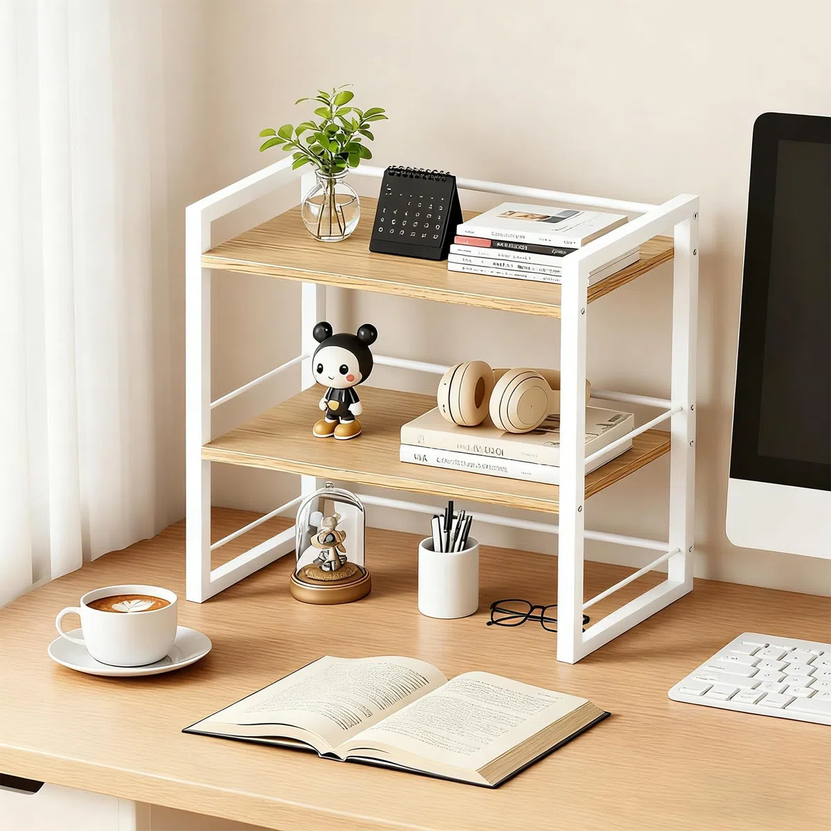 Organizador de escritorio para libros, estantería de 2 niveles, estilo rústico, estantería de almacenamiento para escritorio, estantería pequeña de madera y metal