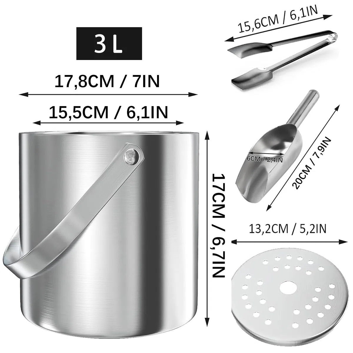Cubitera, Cubitera Redonda con Tamiz y Pinzas Para Hielo, Cubo para Hielo con Doble Pared y Aislamiento de 3 Litros, Cubitera con Cuchara, Enfriador de Cubitos de Hielo, para Enfriar Cerveza
