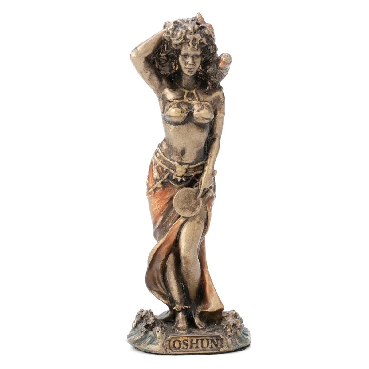 Figura Decorativa Clásica Pequeña, Oshun Diosa del Amor Belleza y Matrimonio, Resina Efecto Bronce Antiguo, Escultura de Mitologia Yoruba Africana, 9 cm