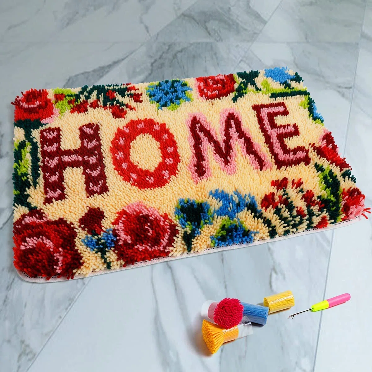 ROCKY&CHAO Kit de gancho de pestillo para adultos y niños, patrón de flores, 60 x 40 cm, kits completos de manualidades para hacer alfombras con hilo, lona y aguja de ganchillo, kits de manualidades
