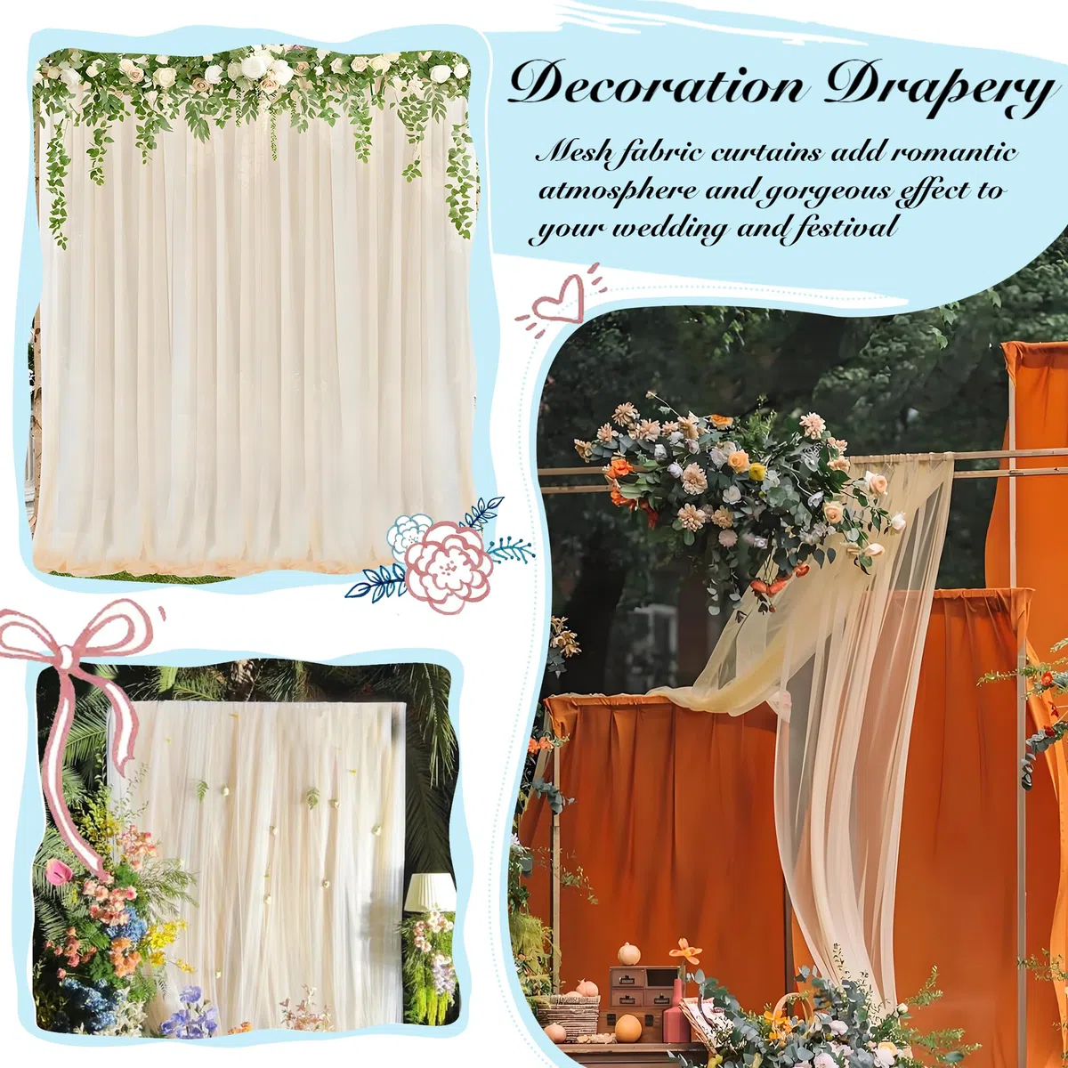 Cortina de Arco de Boda, Cenefa de Boda Cortinas con cenefas, Cenefa Transparente decoración a Mano alzada, Fondo de, para fotografía Fiesta cumpleaños (Marfil, 0,75 x 8 m)