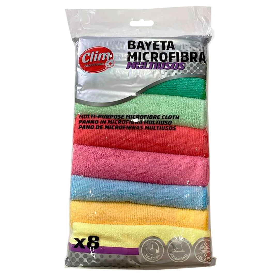 Clim Profesional Pack Mini Mopa con Clip y 8 Bayetas de Microfibra 100% Multicolores, Resistentes y Reutilizables