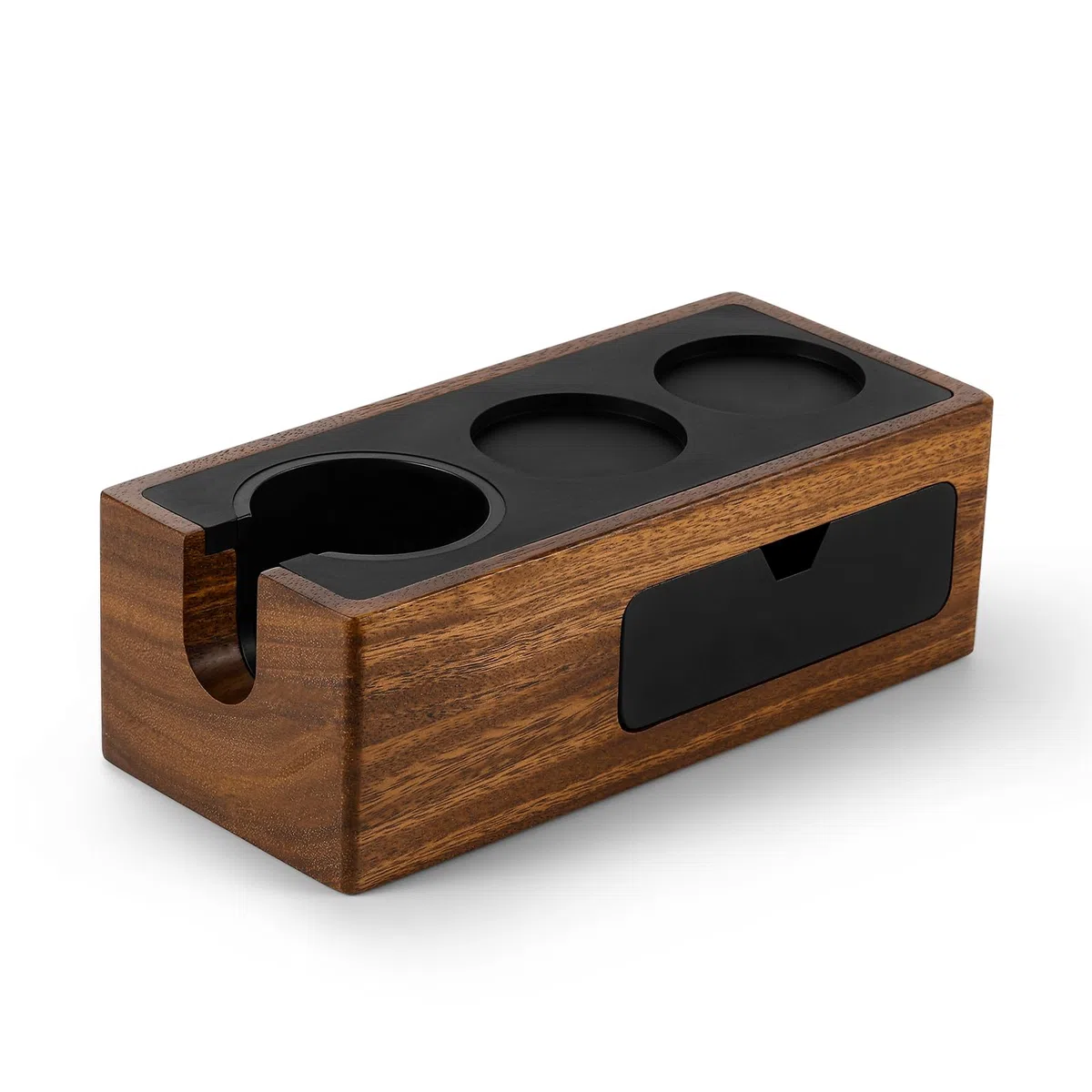 MHW-3BOMBER Estación de apisonamiento de espresso, caja organizadora 4 en 1 de nogal con cajón magnético para almacenamiento de espresso de 51 a 58 mm, distribuidor, portafiltro y accesorios de