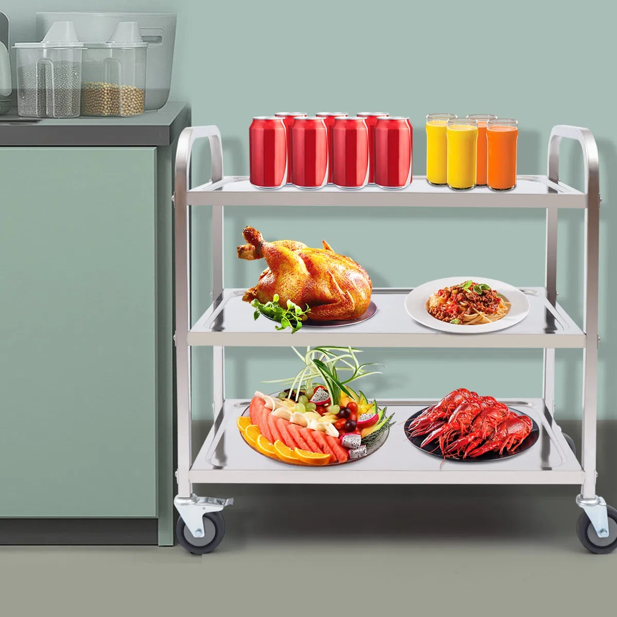 Carro de servicio de acero inoxidable para cocina, con ruedas y partición de 3 estantes, rueda silenciosa, 75 x 40 x 83,5 cm