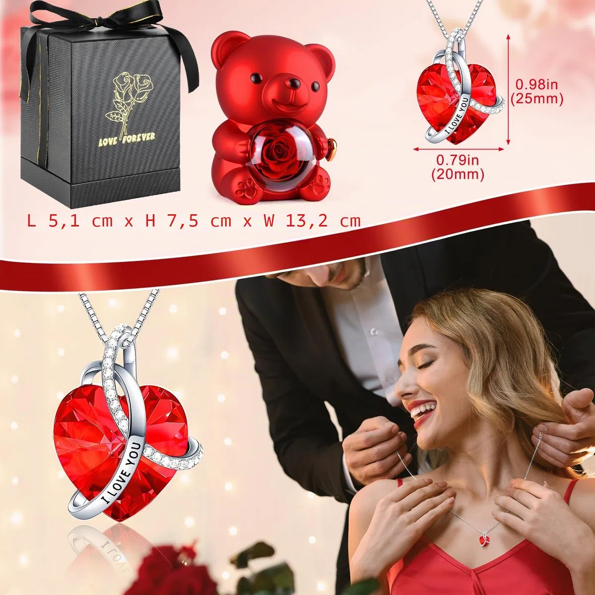 Oso con Rosa y Collar,Caja de Regalo de Oso de Rosa Eterna con Collar en Forma de Corazón,Oso de Rosa Eterna Natural Preservada Regalo para Mujer,Mama Aniversario,Día de San Valentín,Cumpleaño
