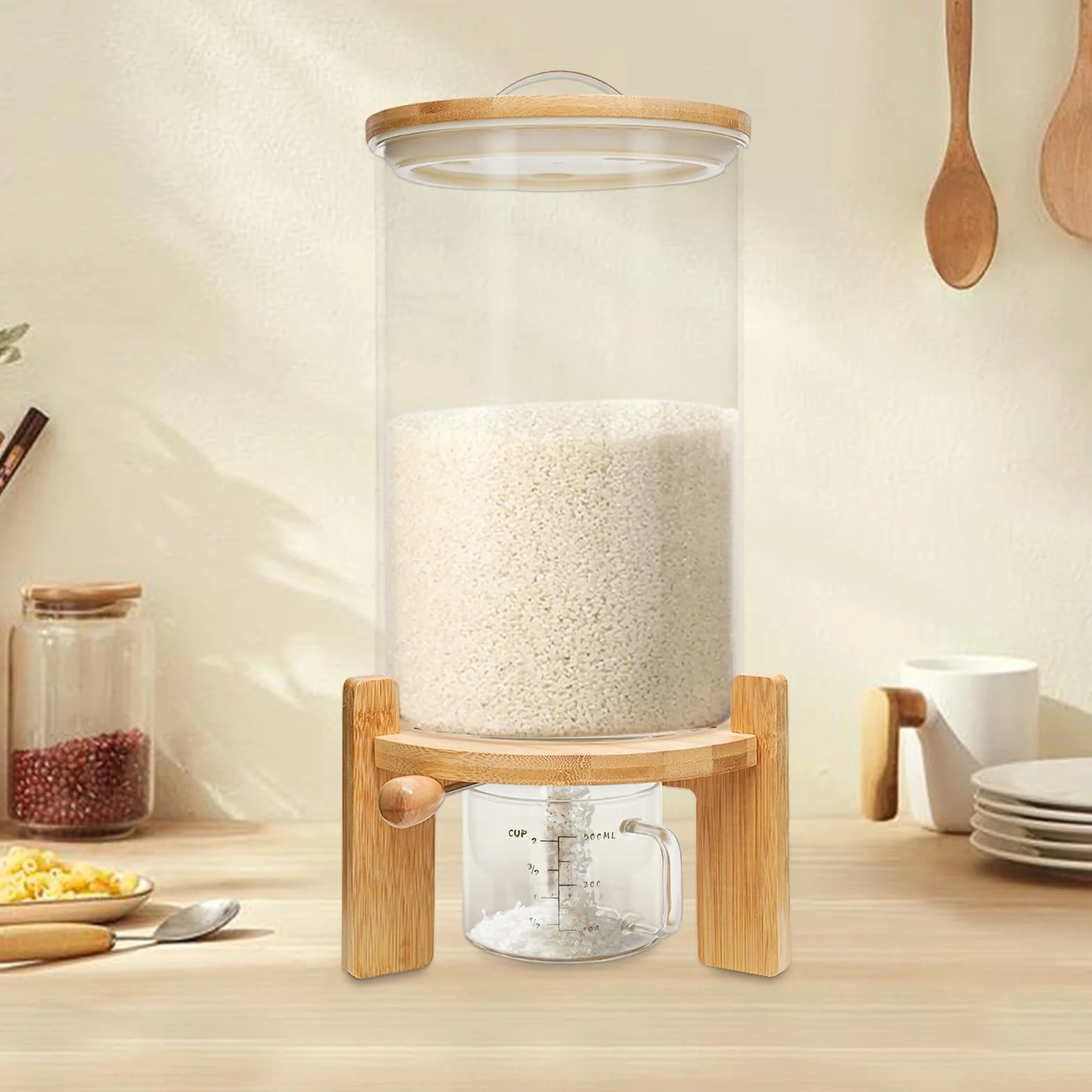 Dispensador de cereales (7,5 L, con válvula y base redonda) | Tarro de cristal, tapa de bambú, junta de silicona, termómetro integrado, vaso medidor, 45 cm de altura total