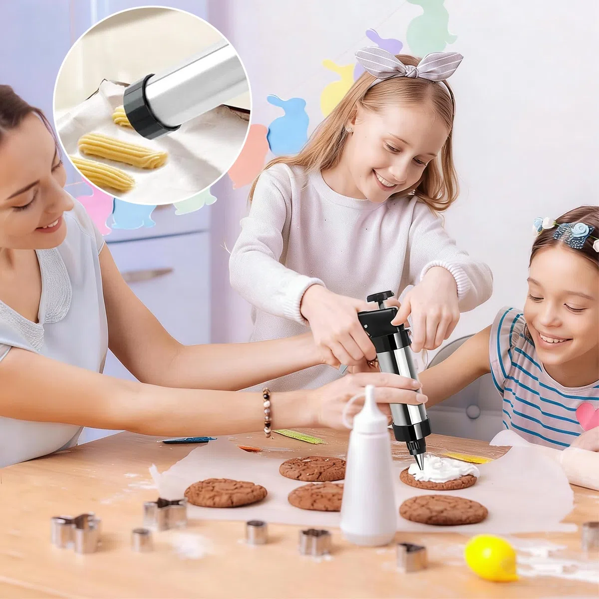Máquina para Hacer Churros, Churreras Manuales, Prensa para Galletas con 13 Plantillas, Jeringuilla Cocina con 8 Boquillas, Repostería Casera, para Churros, Galletas y Decorar Postres