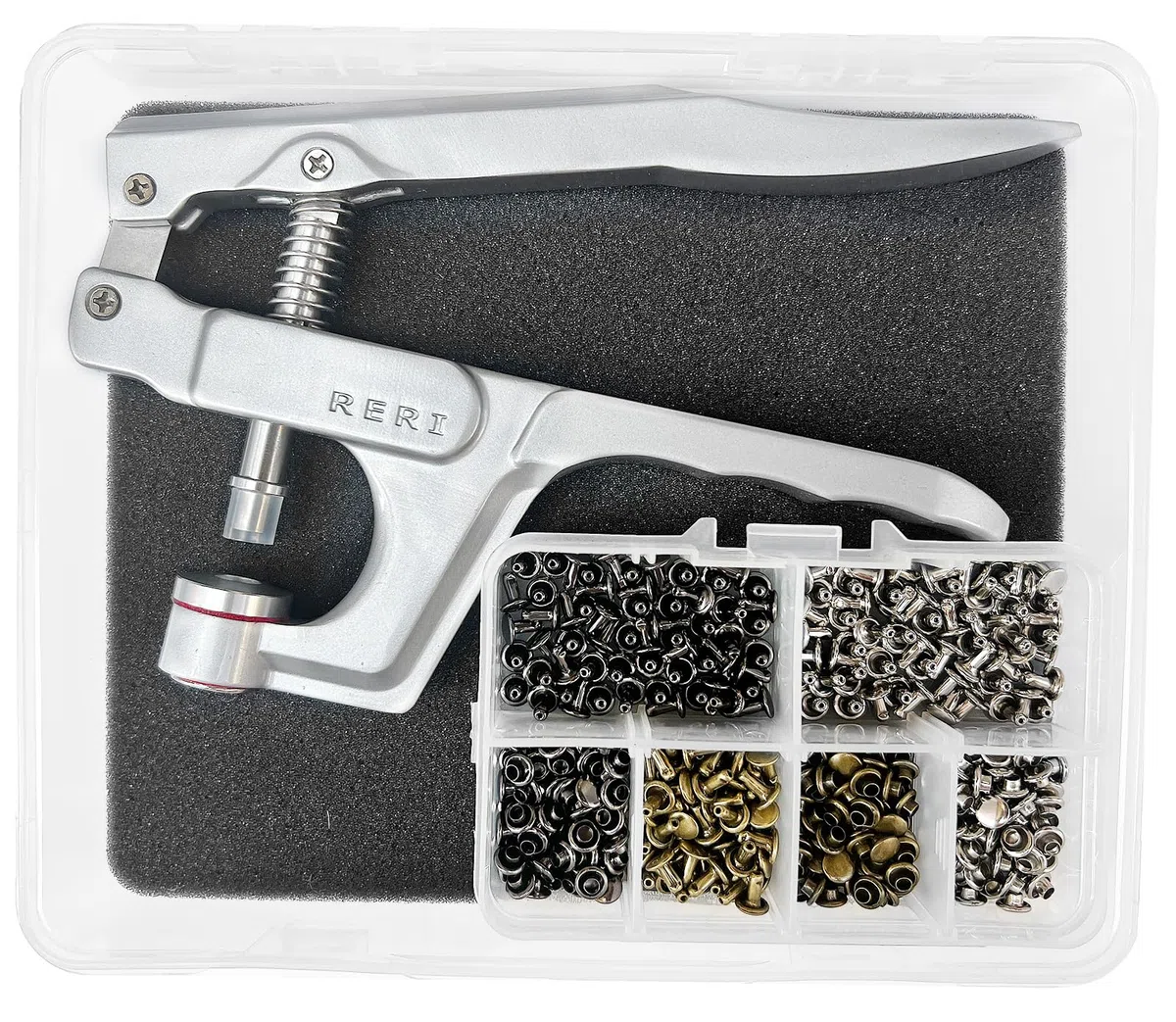 RERI Remaches de cuero con alicates, doble cabeza de metal de 6 mm para trabajos manuales, reparación de costura, hechos a mano, ropa de bricolaje (kit)